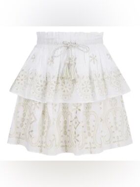 Pranella Belle Skirt White Gold Embroidered Tassel Mini S/M Boho Festival NWT